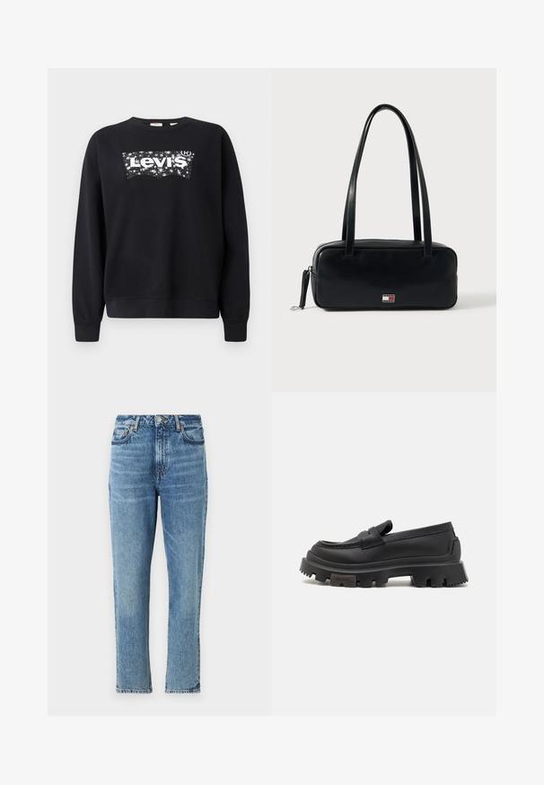 Must paisu, mis on valmistatud puuvillast, sisaldab valget "Levi's" logo tähistaeva kujunduses. Ümar kaelus ning soonikkoes varrukad ja allserv.; Heledad sinine teksapükste kõrge talje, sirge sääre disain ja pleekinud tekstuur. Omab hõbedaseid detaile ja kontrastset õmblust.; Mustad mustad nahast loafers, millel on paks kummitald haardega, õmblusdetailid ja esirihm. Brändi nimi "HUGO" on küljele reljeefselt trükitud.; Must nahast käekott ristkülikukujulise kuju, lame põhja, kahe õlarihmaga ja esiküljel väikese logoga detailiga. Sujuva tekstuuriga.