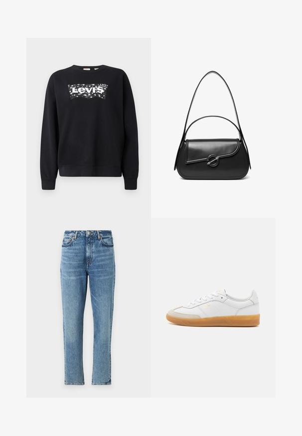 Čierna mikina vyrobená z bavlny, s bielym logom "Levi's" v hviezdnom dizajne. S okrúhlym výstrihom a rebrovanými manžetami a lemom.; Svetlo modré džínsy s vysokým pásom, rovného strihu a vyblednutou textúrou. Obsahujú strieborné kovové prvky a kontrastné šitie.; Biele kožené tenisky s béžovými semišovými detailmi, gumenou podrážkou a šiškami na viazanie. Obsahujú jemné značkovanie v zlatej farbe.; Čierna kožená kabelka cez rameno s zakriveným chlopňovým uzáverom, ktorý je zabezpečený okrúhlym kovovým zapínaním a úzkym, nastaviteľným remienkom.