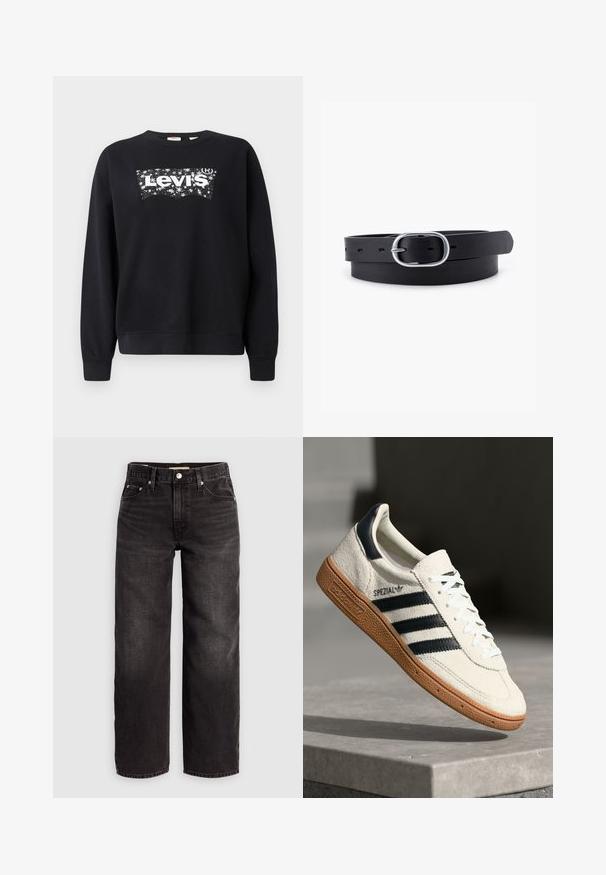 Must paisu, mis on valmistatud puuvillast, sisaldab valget "Levi's" logo tähistaeva kujunduses. Ümar kaelus ning soonikkoes varrukad ja allserv.; Levi's® BAGGY DAD - Baggy fit teksad - shrink up; Valge suede toss, millel on tumesinised triibud, kummist alus, tekstureeritud pealis, ümar varvas ja paelad; külgedel ja keelel on brändingu elemendid.; Must musträbel mustra nahkrihm, millel on siledat tekstuuri, ovaalne hõbedane metallist pandla ja mitmed reguleerimisaugu rihma ääres. Lame, minimaalne disain.