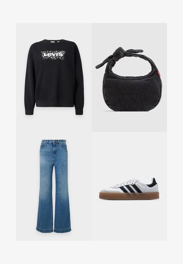 Čierna mikina vyrobená z bavlny, s bielym logom "Levi's" v hviezdnom dizajne. S okrúhlym výstrihom a rebrovanými manžetami a lemom.; Svetlomodré rozšírené džínsy vyrobené z denimu, s vysokým pásom, návrhom s piatimi vreckami a tónovým prešívaním s surovým lemom.; Biele kožené tenisky s čiernymi pruhmi, gumová podrážka, okrúhla špička, šnurovanie a mäkký sivý semišový špička.; Malá čierna denimová kabelka cez rameno s uzlíkovým popruhom a zipsovým zapínaním, s červenou textilnou štítkom Levi's na boku.
