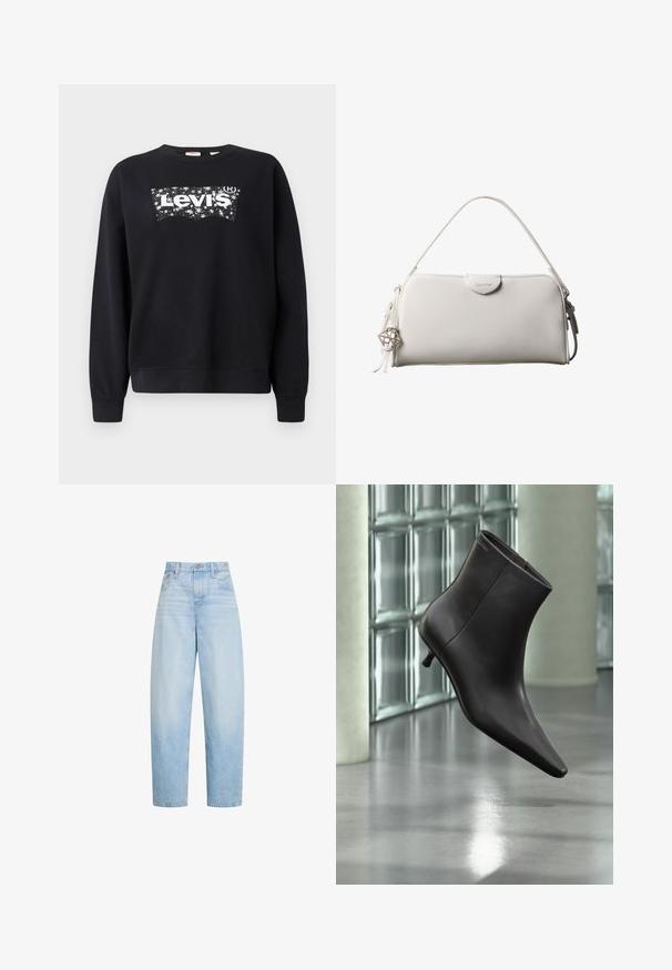 Zwarte sweatshirt van katoen, met een witte "Levi's" logo in een sterrenontwerp. Ronde hals en ribgebreide manchetten en zoom.; Lichtblauwe, hooggetailleerde, rechte jeans met voorzakken, riemlussen en knoopsluiting.; Zwarte leren enkellaars met puntige neus en lage hak, afgebeeld tegen een glazen blokkenmuur en gepolijste vloer op de achtergrond.; Witte rechthoekige Calvin Klein handtas met enkele handgreep, minimalistisch ontwerp en decoratieve kwastjes met geometrische metalen hanger aan de zijkant.