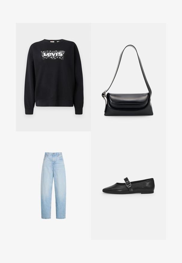 Must paisu, mis on valmistatud puuvillast, sisaldab valget "Levi's" logo tähistaeva kujunduses. Ümar kaelus ning soonikkoes varrukad ja allserv.; Hele sinised kõrge vöökohaga sirge säärega teksad, ees taskud, vööaugud ja nööpidega kinnitamine.; Must värvi nahast tasased kingad ümarate varvastega, ühe reguleeritava paelaga ja siledat, läikivat pinda. Minimalistlik disain madala kontsaga.; Mustriga musta nahast käekott, millel on struktuurne kuju, sile tekstuur ja üks õlarihm. Omab peent, ümarat klappi.