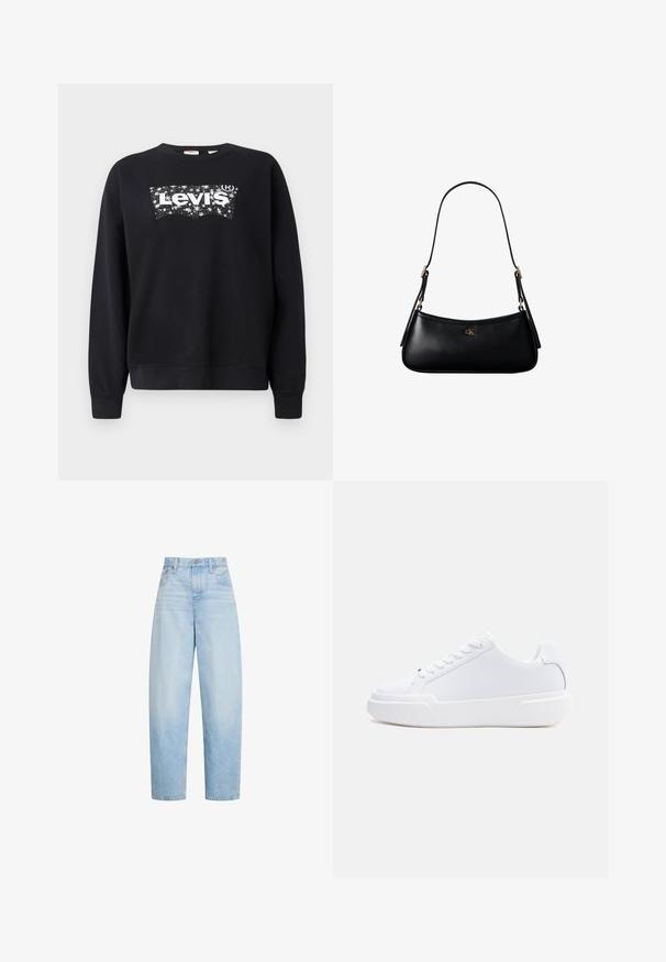 Must paisu, mis on valmistatud puuvillast, sisaldab valget "Levi's" logo tähistaeva kujunduses. Ümar kaelus ning soonikkoes varrukad ja allserv.; Hele sinised kõrge vöökohaga sirge säärega teksad, ees taskud, vööaugud ja nööpidega kinnitamine.; Valge madala säärega tenniskingad, millel on nööritav kinnitus, paks tald ja sile pealispind, nähtud välisküljelt heledal ühtlasel taustal.; Mustast nahast väike õlakott õhukese rihmaga ja väikese kuldse CK logoga esikülje keskel.
