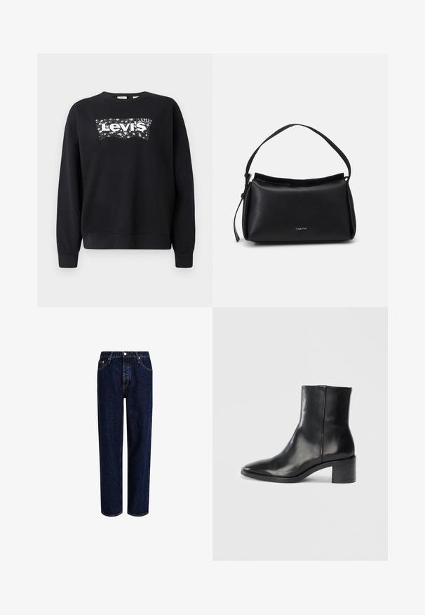 Schwarzer Sweatshirt aus Baumwolle mit einem weißen "Levi's"-Logo in einem sternenförmigen Design. Rundhalsausschnitt und gerippte Manschetten und Saum.; Dunkelblaue Denim-Jeans mit geradem Bein, hoher Taille, fünf Taschen und kontrastierenden Nähten. Ohne Verzierungen.; Schwarze Leder-Ankle-Boots mit spitzer Zehe, niedrigem Blockabsatz und dezentem, geprägtem Logo. Glatte Oberfläche mit einem eleganten Design und minimalen Nähten.; Schwarze Lederhandtasche mit geschwungener Form, einem einzigen Tragegurt und einem oberen Reißverschluss. Verfügt über ein dezentes Logo auf der Vorderseite zur Markenidentifikation.