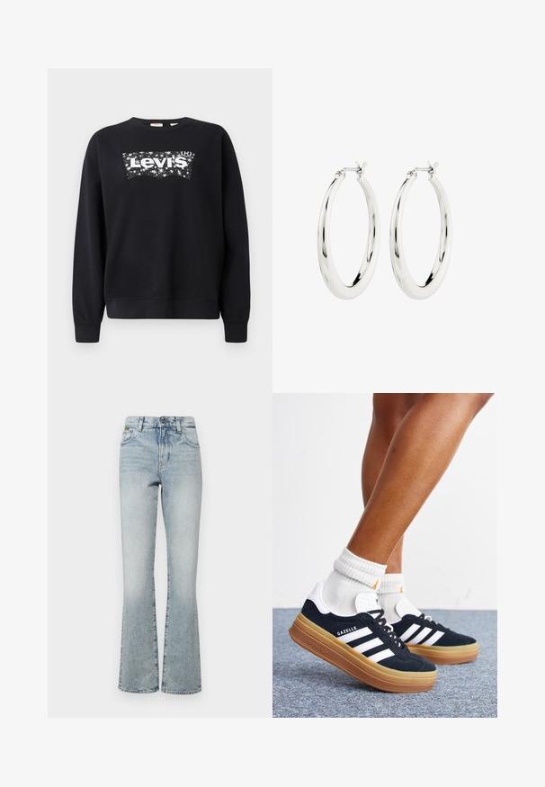 Zwarte sweatshirt van katoen, met een witte "Levi's" logo in een sterrenontwerp. Ronde hals en ribgebreide manchetten en zoom.; Lichtgewassen denim flaired jeans met een hoge taille, voorzien van vijf zakken en minimale hardware. De stof heeft een soepele textuur en een vervaagde afwerking.; Ben met witte sokken en zwarte Adidas Gazelle sneakers met witte strepen en dikke bruine zolen op een grijs tapijt.; Zilveren oorbellen in de vorm van een gladde, glanzende ring. Circulaire vorm, voorzien van een veilige sluiting. Eenvoudig en elegant ontwerp.
