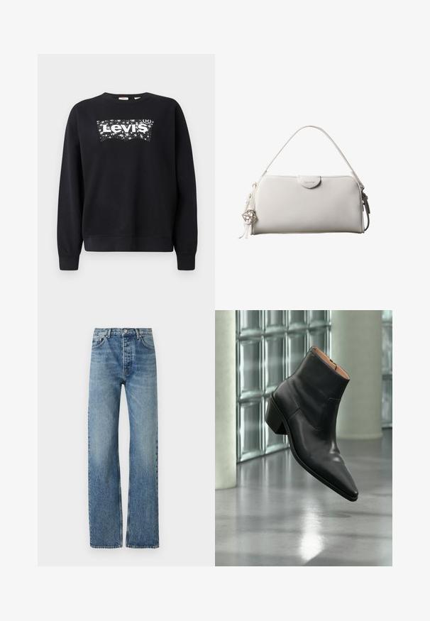 Sort sweatshirt lavet af bomuld, med et hvidt "Levi's" logo inden for et stjerneformet design. Rund hals og ribbede manchetter og kant.; Lyseblå, høj talje jeans med lige ben, lavet af denimstof. Har klassisk fem-lomme design og sølv hardware.; Sort læderankelstøvle med spids tå og blokhæl, der svæver over en reflekterende grå gulv nær en væg af glasblokke.; Hvid rektangulær Calvin Klein håndtaske med enkelt håndtag, minimalistisk design og dekorative kvaster med geometrisk metalvedhæng på siden.