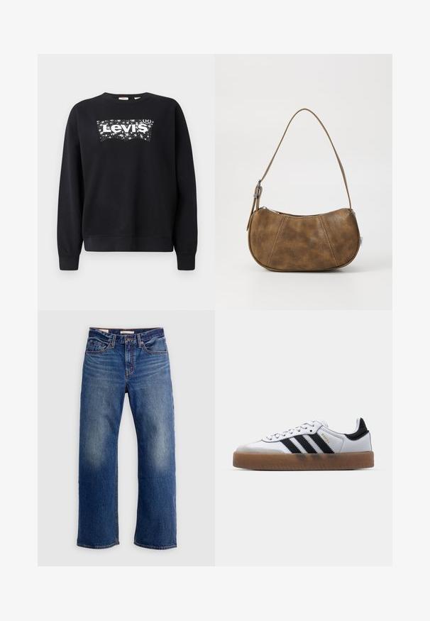 Sort sweatshirt lavet af bomuld, med et hvidt "Levi's" logo inden for et stjerneformet design. Rund hals og ribbede manchetter og kant.; Blå straight-leg denimjeans med forlommer, bæltestropper og falmning på lårene, vist på en ensfarvet hvid baggrund.; Hvide lædersneakers med sorte striber, gummirubber sål, rund tå, snørelukning og blød grå ruskinds tåhætte.; Brun faux læder skuldertaske med en buet form, en enkelt strop, kontrasterende syninger og en lynlåslukning langs den øverste kant.