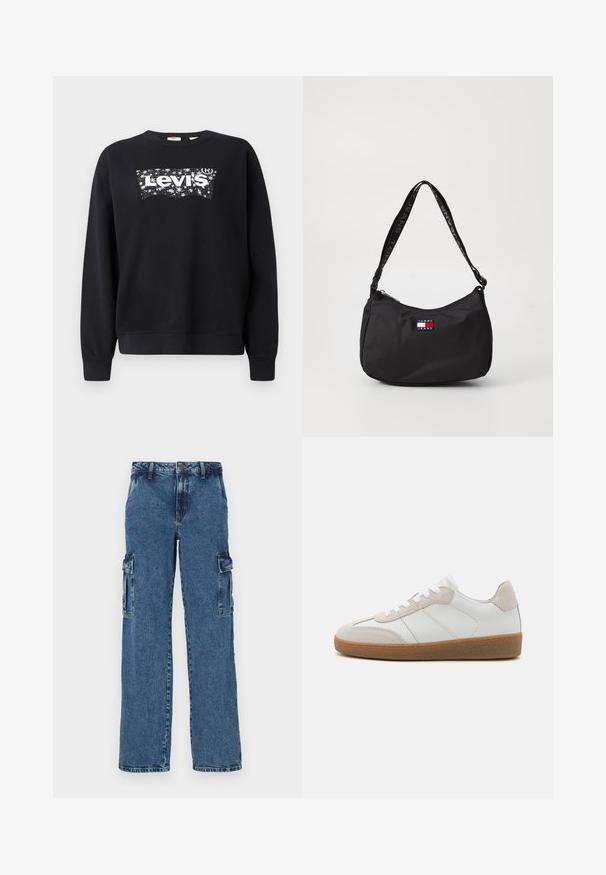 Sort sweatshirt lavet af bomuld, med et hvidt "Levi's" logo inden for et stjerneformet design. Rund hals og ribbede manchetter og kant.; Blå denim cargo bukser med en afslappet pasform, der har to sidelommer, forstærket syning og et lige ben-design.; Hvide lædersneakers med beige ruskindsdetaljer, struktureret tunge og gummisål. Har hvide snørebånd og diskrete stikninger.; Sort skuldertaske i nylon med buet form, tilpasset logo-patch og en mønstret rem med teksten "TOMMY JEANS". Lynlåslukning på toppen.