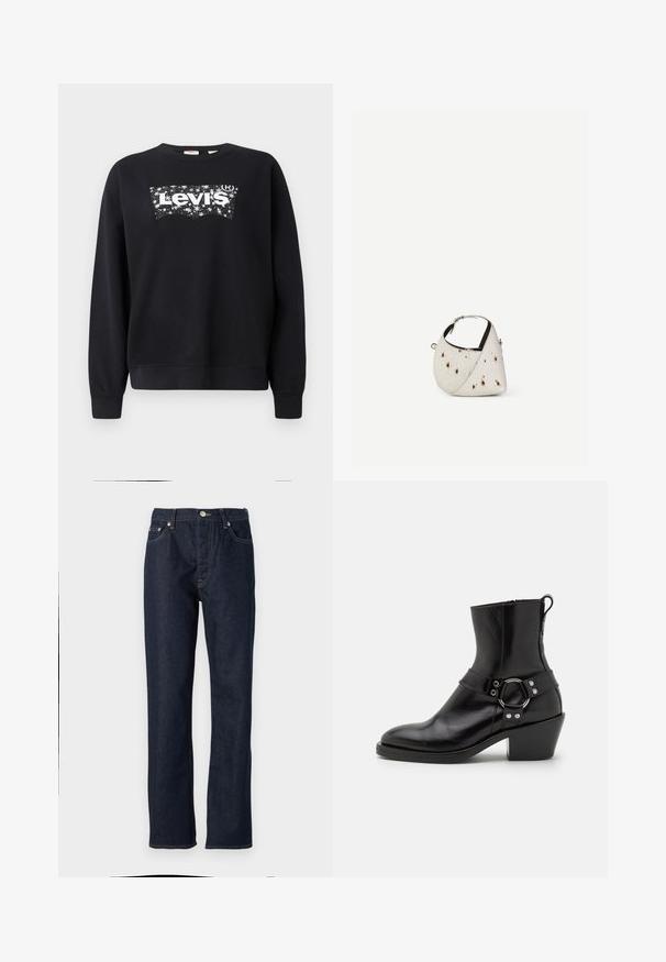 Must paisu, mis on valmistatud puuvillast, sisaldab valget "Levi's" logo tähistaeva kujunduses. Ümar kaelus ning soonikkoes varrukad ja allserv.; Tumedat sinised teksad sirge lõikega, millel on nööp ja lukuga sulgus, viie-tasku disain ja kontrastsetest õmblustest detailid.; Billi Bi Kauboi/mootorratturi poolsaapad - black; Väike valge käekott pruunide laikudega, ümar kolmnurkse kujuga, musta voodriga sees ja lühikese reguleeritava rihmaga, millel on hõbedane pannal.