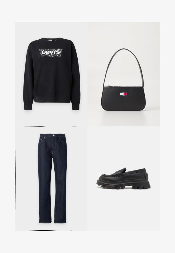 Čierna mikina vyrobená z bavlny, s bielym logom "Levi's" v hviezdnom dizajne. S okrúhlym výstrihom a rebrovanými manžetami a lemom.; Tmavomodré riflové nohavice s rovnými nohavicami, s gombíkom a zipsom, dizajnom s piatimi vreckami a kontrastným prešívaním.; Čierne kožené mokasíny s masívnou gumovou podrážkou s dobrou priľnavosťou, detailmi prešívania a predným remienkom. Názov značky "HUGO" embosovaný na boku.; Čierna kožená kabelka s zakriveným tvarom, krátkym rúčkom a zipsovým uzáverom. Na prednej strane sa nachádza mnohobarevná nášivka s logom.