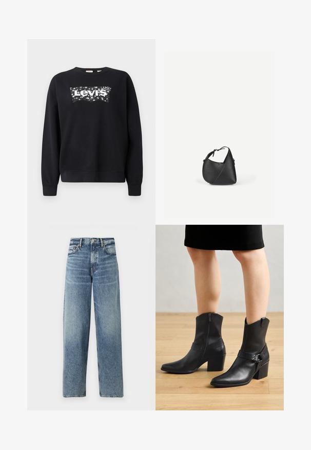 Sort sweatshirt lavet af bomuld, med et hvidt "Levi's" logo inden for et stjerneformet design. Rund hals og ribbede manchetter og kant.; Lyseblå denimjeans med lige pasform, høj talje og subtile falmninger. Har fem lommer og knaplukning.; Sorte læder ankelstøvler med spids tå, lynlås lukning, buet hæl og en dekorativ rem med metal detaljer.; Sort skuldertaske i læder med en afrundet trekantet form og justerbar rem på en ensartet lys baggrund.