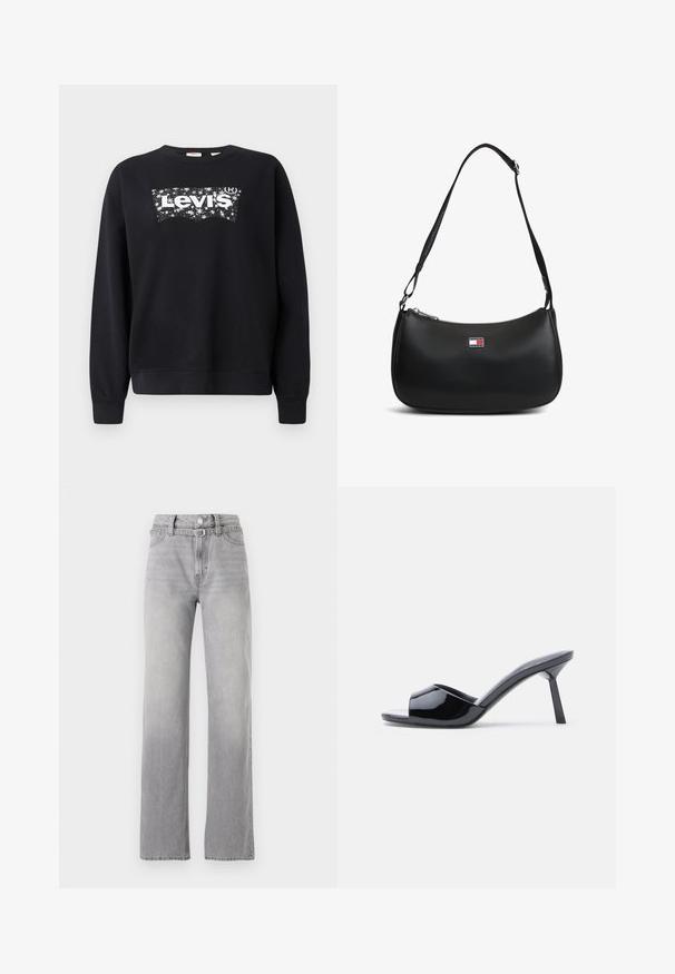 Čierna mikina vyrobená z bavlny, s bielym logom "Levi's" v hviezdnom dizajne. S okrúhlym výstrihom a rebrovanými manžetami a lemom.; Svetlo šedé denimové džínsy s vysokým pásom, rovný strih, jemné vyblednutie a klasický päť vreckový dizajn. Kovový gombík a zips na zapínanie.; Čierne lakované kožené sandále na podpätku s otvorenou špičkou, s výrazným zakriveným horným dizajnom a štíhlym ihlovým podpätkom. Hladký lesklý povrch.; Čierna taška cez rameno s nastaviteľným popruhom a malou tabuľkou s logom Tommy Jeans vpredu v strede.