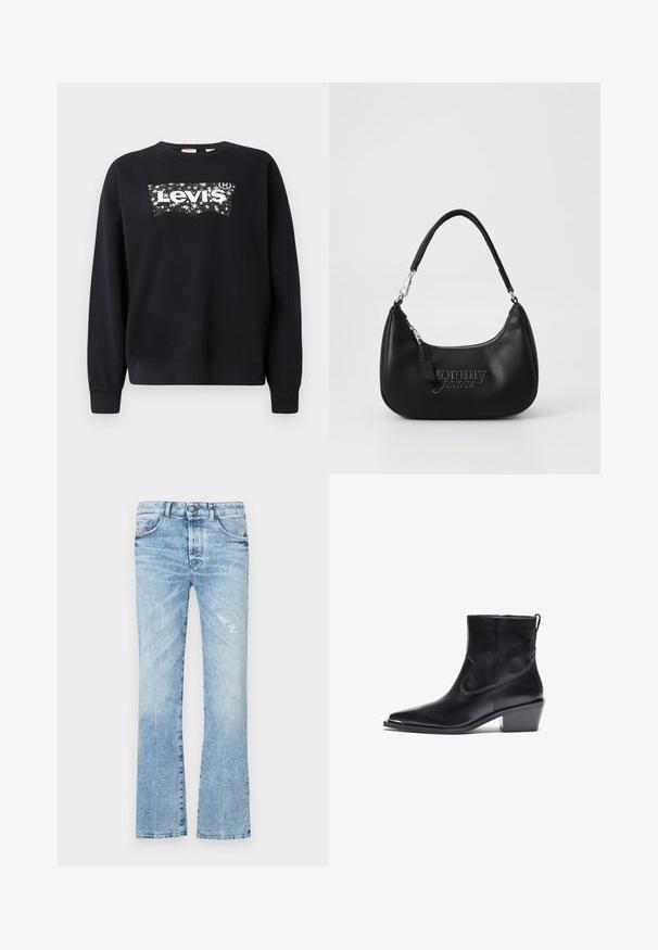 Schwarzer Sweatshirt aus Baumwolle mit einem weißen "Levi's"-Logo in einem sternenförmigen Design. Rundhalsausschnitt und gerippte Manschetten und Saum.; Helle, blaue Schlagjeans aus Jeansstoff. Sie verfügen über eine ausgewaschene Optik, ein distresses Patch, fünf Taschen und einen Knopfverschluss an der Taille.; Schwarzer Leder-Ankle-Boot mit spitzer Zehe und niedrigem Blockabsatz. Mit einem Seitenreißverschluss und minimalen Nähdetails für ein elegantes Design.; Schwarze synthetische Umhängetasche in geschwungener Form, mit einem silbernen Reißverschluss und geprägt "tommy jeans" Logo auf der Vorderseite.