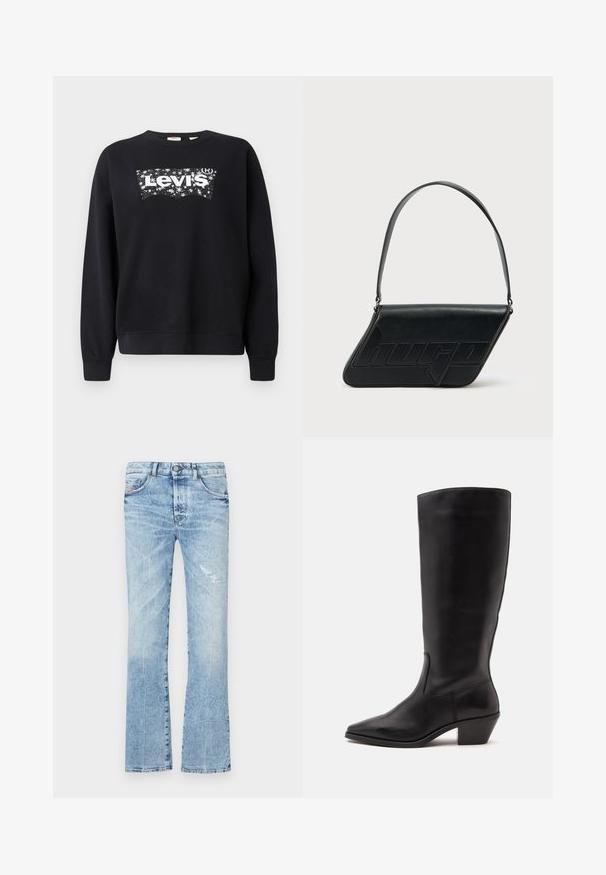 Zwarte sweatshirt van katoen, met een witte "Levi's" logo in een sterrenontwerp. Ronde hals en ribgebreide manchetten en zoom.; Lichtblauwe flared jeans van denim. Heeft een vervaagde wassing, een gescheurd stuk, vijf zakken en een knoopsluiting in de taille.; Zwarte leren laars tot half op de kuit met een puntige neus en een lage schuine hak op een effen lichte achtergrond.; Zwarte leren schoudertas met een driehoekige vorm, geperst logo en een enkele verstelbare riem. Minimalistisch ontwerp met een gladde textuur.