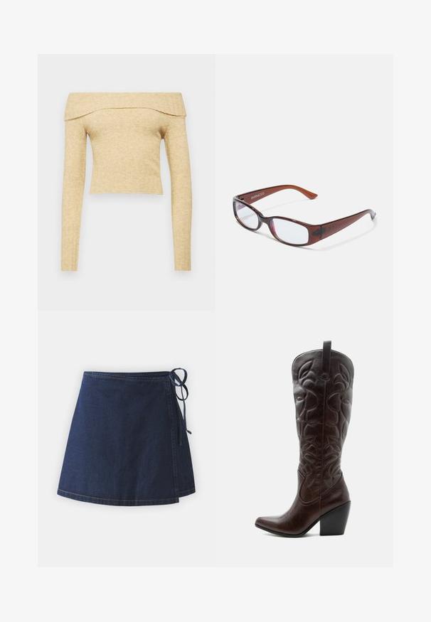 Haut à manches longues et décolleté une épaule en tissu tricoté beige clair avec un col côtelé. Longueur courte avec une texture douce.; Jupe portefeuille en denim bleu foncé, avec un lien sur le côté, des bords ourlés et une texture lisse. Design général en A avec un minimum de détails.; Botte de cowboy haute en cuir marron foncé avec motifs décoratifs cousus, bout pointu et talon bloc empilé.; Lunettes rectangulaires teintées de brun avec une finition brillante, dotées de branches fines et de verres transparents. Logo visible sur la branche gauche.