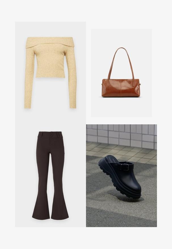 Off-the-shoulder, langærmet top i lys beige strikket stof med ribbet halsudskæring. Kort længde med blød tekstur.; Brune flared bukser lavet af strækbart stof. Har høj talje med to knapper og en glat overflade. Ingen mønstre eller udsmykninger.; Sort slip-on træsko med tyk rillede sål og justerbar rem, placeret over asfalt med flisebelagt væg i baggrunden.; Rektangulær brun læderhåndtaske med to lange skulderremme, glat blank finish og minimalistisk design på en ensfarvet baggrund.