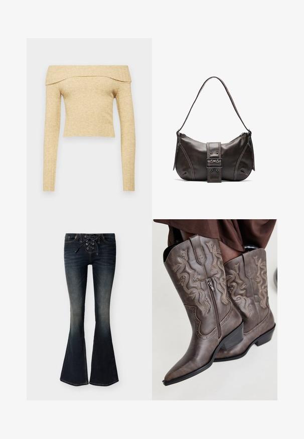 Haut à manches longues et décolleté une épaule en tissu tricoté beige clair avec un col côtelé. Longueur courte avec une texture douce.; Jeans évasés en denim délavé foncé avec une fermeture avant à lacets et un léger effet décoloré sur les cuisses et les genoux.; Bottes de cowboy en cuir marron avec un bout pointu, fermeture éclair sur le côté et design serpent texturé en beige, ornées de clous décoratifs le long des bords.; Sac à épaule en cuir marron avec une forme courbée, présentant un détail de boucle proéminent, des coutures contrastantes et une seule bandoulière.