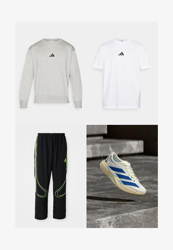 Šedá mikina vyrobená zo zmiešaného bavlneného materiálu, s rebrovanými manžetami a spodným lemom, s malým čiernym logom Adidas na hrudi. Klasický dizajn s okrúhlym výstrihom.; Biela bavlnená tričko s malým čiernym trojuholníkovým logom na hrudi, krátkymi rukávmi a okrúhlym výstrihom. Jednoduchý a klasický dizajn.; Čierne atletické nohavice Adidas s neonovo zelenými zakrivenými líniami a tromi pruhmi po stranách, elastickým pásom a logom Adidas na prednom stehne.; Bielo-modrá bežecká topánka Adidas visieť nad betónovým schodom s textúrovaným drsným pozadím.