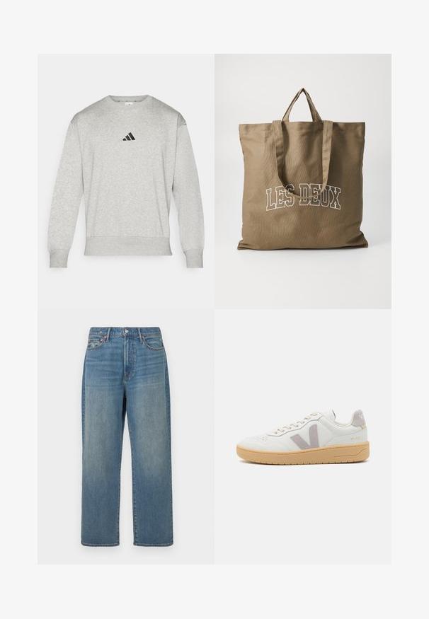 Grå sweatshirt lavet af bomuldsblandingsstof, med ribbede manchetter og kant, samt et lille sort Adidas-logo på brystet. Klassisk rundhalset design.; Blå lige ben denim jeans med falmet vask, fem-lomme design og knaplukning i taljen.; Hvide lædersneakers med grå ruskindsdetaljer, snørebånds lukning, perforeret tå og beige gummisål. Har branding på hælen.; Brun stof tote bag med to lange håndtag. Forsiden har hvid tekst med teksten "LES DEUX." Enkel design, robust materiale og flad form.