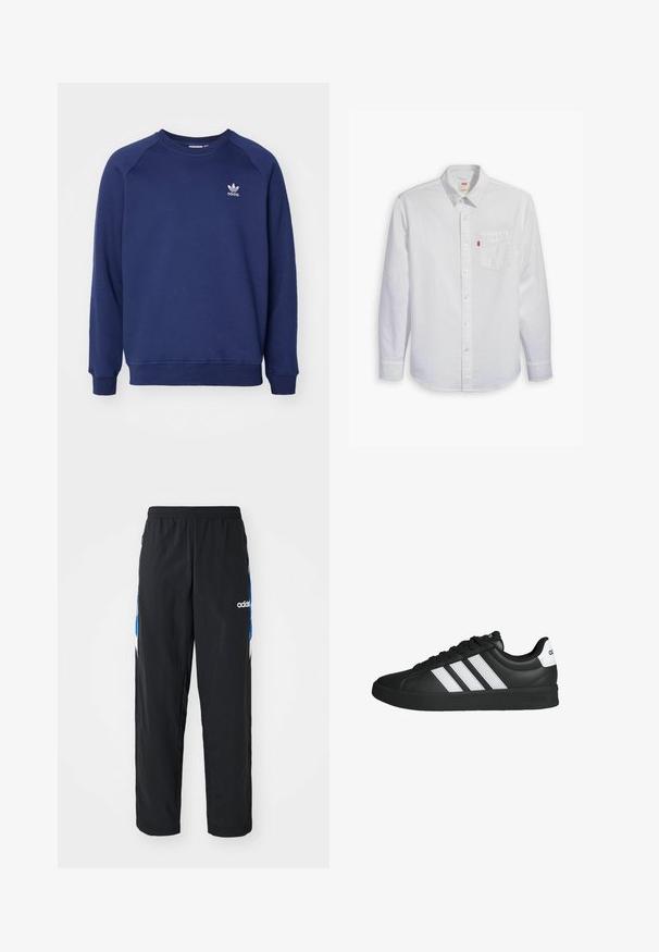 Marineblå sweatshirt lavet af blødt stof, med rund halsudskæring, raglanærmer og et lille hvidt adidas-logo på brystet.; Levi's® SUNSET POCKET STANDARD - Skjorter - shady glade; Sorte træningsbukser med elastisk talje, prydet med blå og hvide grafiske detaljer på siderne og et broderet logo.; Sort Adidas-sneaker med hvide striber, sort sål, snørredesign og hvid hælflig med Adidas-logo, vist i sideprofil.