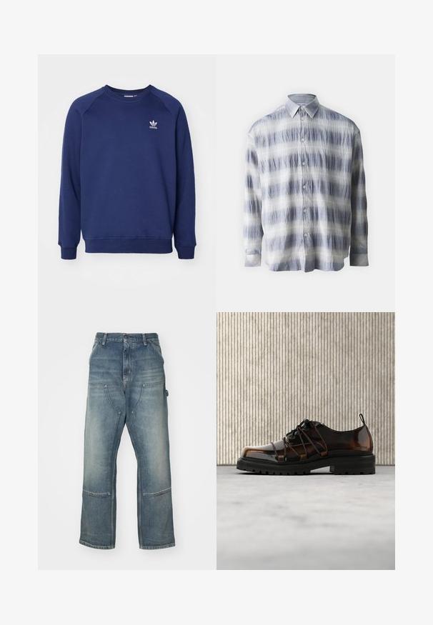 Tummansininen collegepaita, joka on valmistettu pehmeästä kankaasta. Hiihtäjämallinen kaula-aukko, raglan-hihat ja pieni valkoinen adidas-logo rinnassa.; Button-up paita, joka on valmistettu teksturoidusta kankaasta sinivalkoisena raidallisena, pitkähihainen ja klassisella kauluksella.; Vaaleansiniset farkut, joissa on rento leikkaus, valmistettu denimistä. Ominaisuuksiin kuuluvat leveät lahkeet, suuret etutaskut ja kontrastivärinen ompelu.; Kiiltävä ruskea nahkakenkä, jossa on paksu musta pohja ja ainutlaatuinen nauhoitus, sijaitsee beigen maton päällä lähellä pyöreitä oransseja huonekaluja.