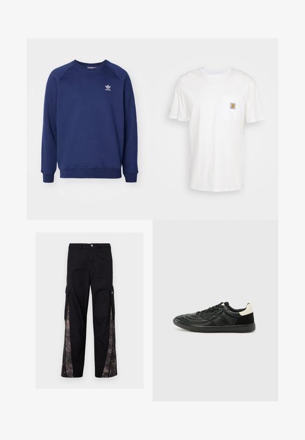 Tmavomodrá mikina vyrobená z mäkkého materiálu, s klasickým okrúhlym výstrihom, raglánovými rukávmi a malým bielym logom adidas na hrudi.; Biele bavlnené tričko s krátkymi rukávmi, vreckom na hrudi a malou štvorcovou nášivkou v oranžovej a bielej farbe na vrecku.; Čierne cargo nohavice s bočnými vreckami a vzorovanými látkovými panelmi pozdĺž vonkajších nôh, s gombíkovým zapínaním a opaskovými pútkami.; ALDO THEPITCH - Tenisky - black