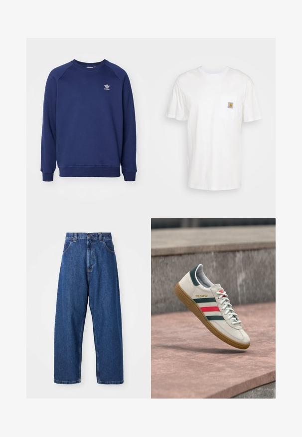 Sudadera de color azul marino hecha de tela suave, con cuello redondo, mangas raglán y un pequeño logo blanco de adidas en el pecho.; Camiseta de algodón blanca con mangas cortas, un bolsillo en el pecho y un pequeño parche cuadrado de logo en naranja y blanco en el bolsillo.; Jeans de pierna ancha de denim en azul oscuro. Presentan una cintura alta, trabillas para cinturón y un diseño clásico de cinco bolsillos. Bajo cosido con un acabado limpio.; Zapatilla blanca Adidas con franjas verdes y rojas, suela de goma y marca "SPEZIAL" flotando sobre pavimento de piedra.