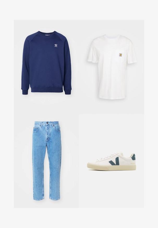 Tumesinine dressipluus pehmest kangast, millel on ümmargune kaelus, raglanvarrukad ja väike valge adidas logo rinnal.; Valge puuvillane t-särk lühikeste varrukatega, rindade taskuga ja taskul väike ruudukujuline logo kleebis oranžis ja valges.; Heledad sinine teksaseljas on sirge sääre disain, viis taskut ja klassikaline nööbid sulgemine vöökoha juures.; Valge nahkne spordijalats, millel on teal värvi seemisnahast logo, ümmargune varvas, nööbiga disain ja kummist tallad, millel on tekstuuriga detailid. Brändi nimi "VEJA" kuldses värvuses.