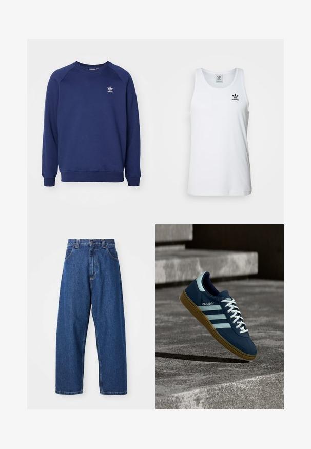 Dunkelblauer Sweatshirt aus weichem Stoff, mit Rundhalsausschnitt, Raglanärmel und kleinem weißen adidas-Logo auf der Brust.; Weißes geripptes Tanktop mit Rundhalsausschnitt, schwarzem Adidas-Logo auf der linken Brust und ohne Ärmel. Weiches Baumwollmaterial, lässige Passform.; Weite Jeans aus Denim in Dunkelblau. Hohe Taille, Gürtelschlaufen und klassisches Fünf-Taschen-Design. Gestickter Saum mit sauberem Finish.; Blauer Adidas Spezial Sneaker mit weißen Streifen und Schnürsenkeln, Gummisohle, schwebend über rauer Betonoberfläche und Treppen im Hintergrund.