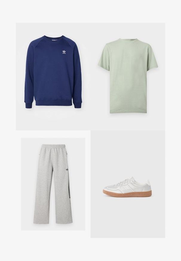 Marineblå sweatshirt lavet af blødt stof, med rund halsudskæring, raglanærmer og et lille hvidt adidas-logo på brystet.; Lysegrøn T-shirt med korte ærmer og rund hals lagt fladt på en hvid baggrund, der viser forsiden og syningsdetaljer.; Lysegrå vidtløftede joggingbukser med elastisk talje og sort Adidas trefoil-logo på højre lår.; Sølv sneakers med en glat overflade, snørebånd, perforerede detaljer og en struktureret brun gummi sål.