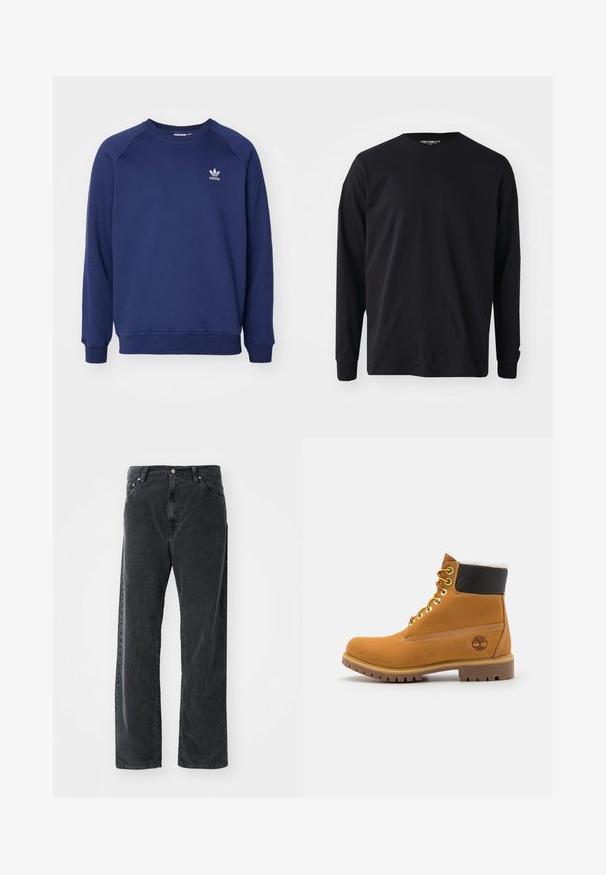 Tumesinine dressipluus pehmest kangast, millel on ümmargune kaelus, raglanvarrukad ja väike valge adidas logo rinnal.; Must musta varrukatega T-särk, mis on valmistatud puuvillast, ümmarguse kaelusega ja sirge lõikega, väikese logodetailiga varrukal.; Mustad sirgeda puuvillased püksid, millel on ees taskud, vöökohad ja nupuga sulgemine, esitatud valgel taustal.; Pruun nahast pahkluu saabas metallist silmadega, valge karvane vooder, must pehmendatud krae, robustne tallal ja küljes reljeefne logo.