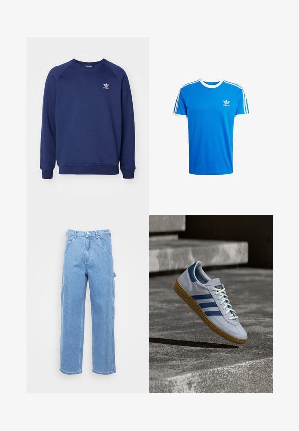 Sudadera de color azul marino hecha de tela suave, con cuello redondo, mangas raglán y un pequeño logo blanco de adidas en el pecho.; Camiseta de algodón azul con cuello redondo y dobladillos de mangas en blanco. Presenta tres franjas blancas clásicas a lo largo de los hombros; pequeño logo en el pecho.; Pantalones cargo de denim azul claro con pierna recta, bolsillos frontales y bolsillos laterales. La textura de la tela es suave con un acabado ligeramente desgastado.; Zapatilla Adidas Spezial azul claro con rayas azul marino y suela de goma, mostrada en el aire sobre escalones de hormigón en un entorno exterior neutral.