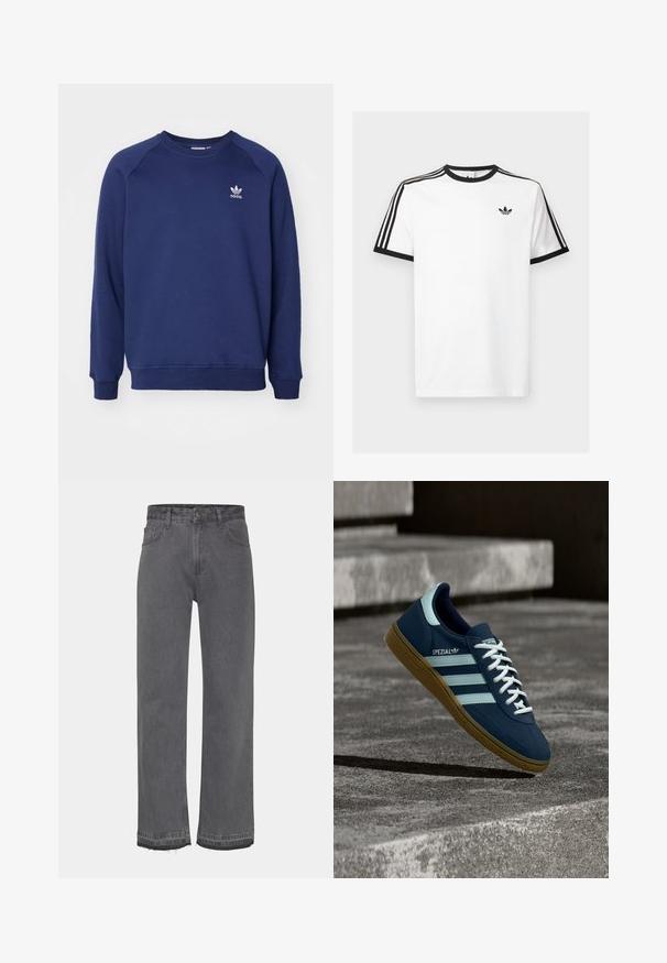 Tumesinine dressipluus pehmest kangast, millel on ümmargune kaelus, raglanvarrukad ja väike valge adidas logo rinnal.; Valge puuvillane T-särk mustade ribadega kaelas ja varrukates, millel on iga õla peal kolm musta triipu ning rindkeres väike logo.; Hallid hallid teksad, mis on valmistatud denimist, omavad pleekinud viimistlust, nööbikinnitust ja kulunud ääri. Kahel külgpoolses taskud on nähtavad.; Sinine Adidas Spezial tennisk, valgete triipude ja paeltega, kummist tallaga, hõljub kareda betoonpinna ja sammude kohal taustal.