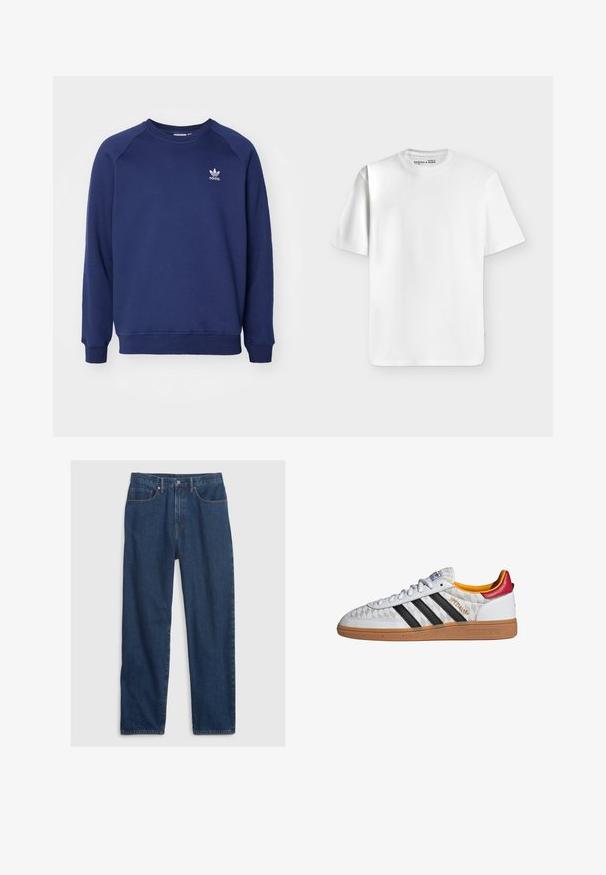 Dunkelblauer Sweatshirt aus weichem Stoff, mit Rundhalsausschnitt, Raglanärmel und kleinem weißen adidas-Logo auf der Brust.; Schlichtes weißes T-Shirt mit kurzen Ärmeln und Rundhalsausschnitt, flach auf einem hellgrauen Hintergrund liegend mit einem kleinen Markenlabel im Halsausschnitt.; Dunkelblaue Jeans aus Denim im geraden Schnitt, mit Fünf-Taschen-Design, Knopfverschluss und Kupfernieten.; Weißer Adidas Spezial Sneaker mit schwarzen Streifen, Gummisohle, gestepptem Muster, rotem Fersenlaschen und gelber Innenausstattung, Seitenansicht.