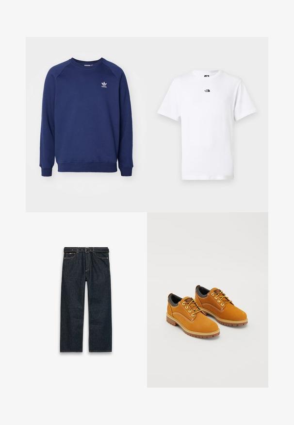 Tmavomodrá mikina vyrobená z mäkkého materiálu, s klasickým okrúhlym výstrihom, raglánovými rukávmi a malým bielym logom adidas na hrudi.; Biely tričko s krátkym rukávom a okrúhlym výstrihom, s malým čiernym logom The North Face umiestneným uprostred blízko goliera na prednej strane.; Tmavomodré rifle s rovnými nohavicami, pútkami na opasok a čiernym opaskom, predné vrecká a viditeľné prešívanie na bielom pozadí.; Hnedé semišové topánky s okrúhlou špičkou, žltými šnúrkami, polstrovaným čiernym golierom a gumovou podrážkou s trakčnými drážkami.