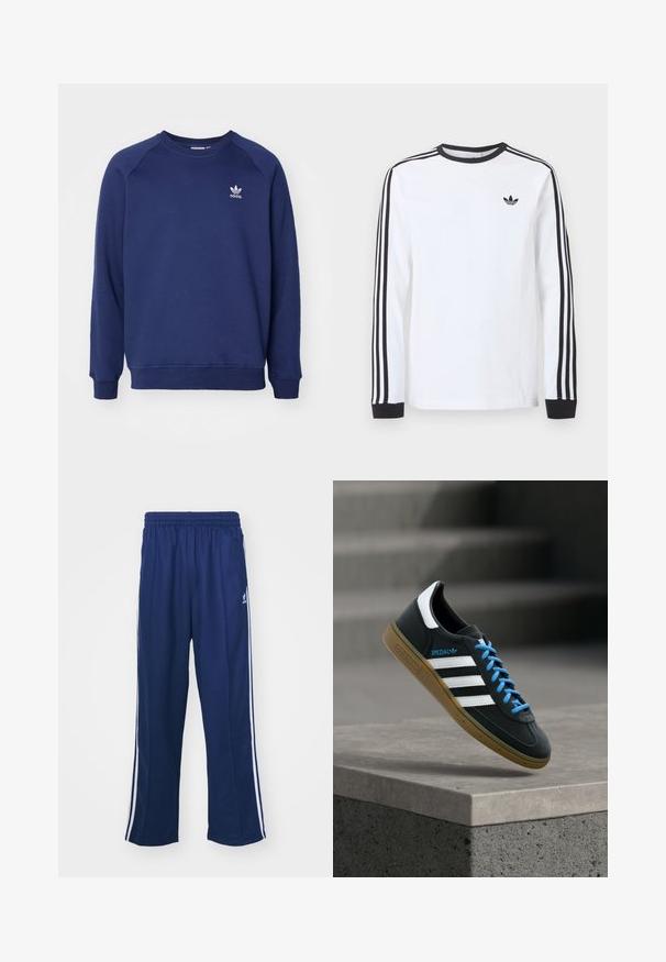 Marineblå sweatshirt lavet af blødt stof, med rund halsudskæring, raglanærmer og et lille hvidt adidas-logo på brystet.; Hvid langærmet Adidas-trøje med sort rund hals, sorte manchetter, tre sorte striber ned langs ærmerne og sort trekløverlogo på brystet.; Marineblå sportbukser med en afslappet pasform, udstyret med hvide sidestativer og elastisk talje. Glat stof, ingen synlige mønstre eller hardware.; Sort Adidas sneaker med hvide striber, blå snørebånd og gummisål, der svæver over gråt betontrin i blødt lys.