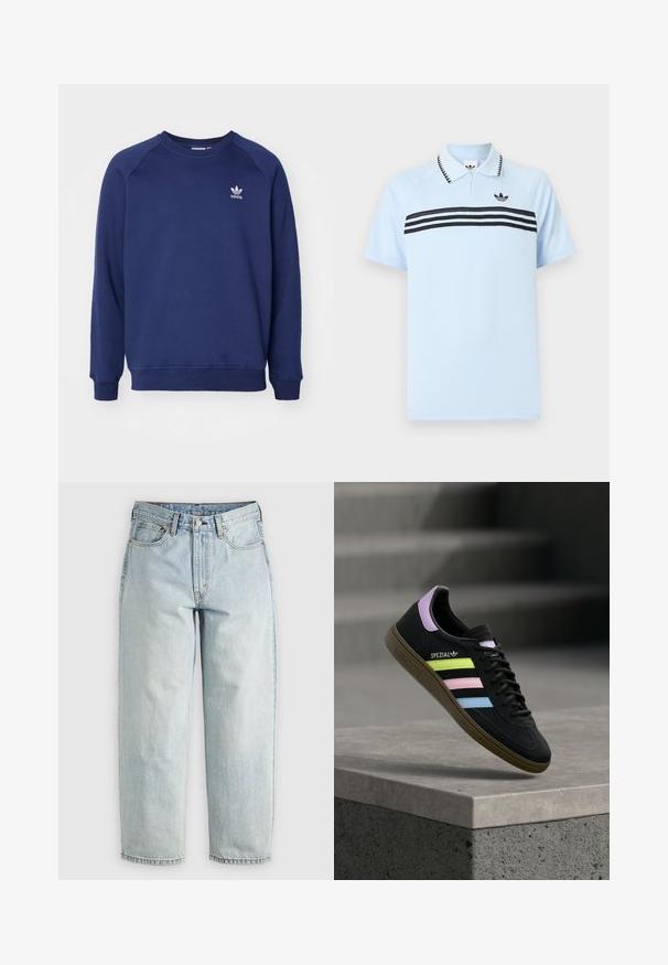 Tmavomodrá mikina vyrobená z mäkkého materiálu, s klasickým okrúhlym výstrihom, raglánovými rukávmi a malým bielym logom adidas na hrudi.; Svetlomodrá polokošeľa z textúrovanej látky s čiernymi akcentovými pruhmi a čiernym logom na hrudi. Má golierový výstrih.; Svetlomodré džínsy s rovnými nohavicami, piatimi vreckami a zapínaním na gombíky; majú vyblednuté miesta a jemné švy.; Čierna teniska Adidas Spezial s pastelovo žltými, ružovými a modrými pruhmi, levanduľovým jazýčkom na päte a hnedou podrážkou, vznášajúca sa nad betónovou hranou.