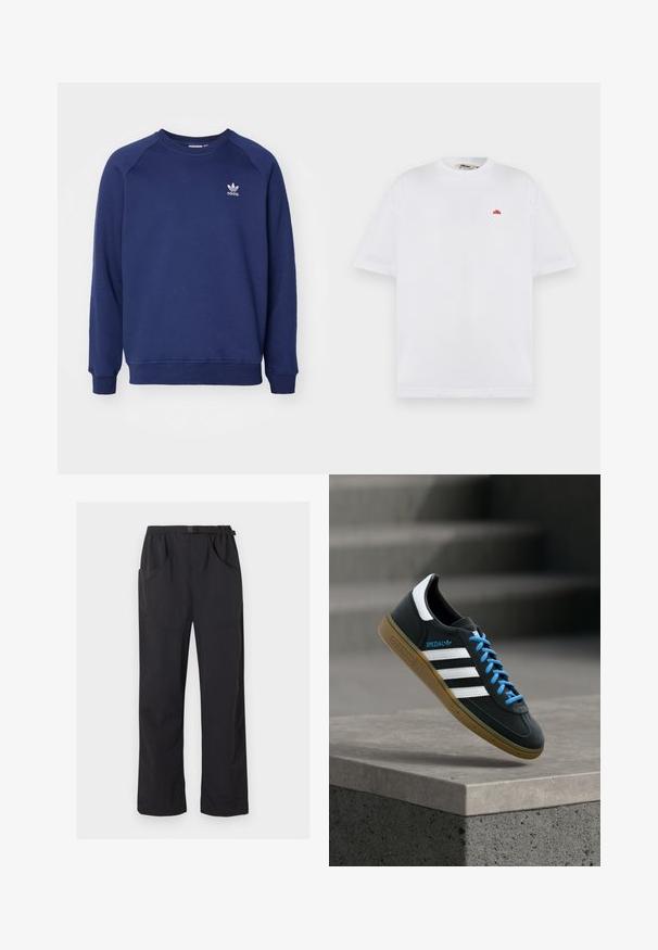 Marineblå sweatshirt lavet af blødt stof, med rund halsudskæring, raglanærmer og et lille hvidt adidas-logo på brystet.; Hvid T-shirt med korte ærmer, rund hals og lille rødt logo på venstre bryst.; Sorte bukser med lige ben, elastik i taljen og justerbart bælte med spænde, med for- og sidelommer.; Sort Adidas sneaker med hvide striber, blå snørebånd og gummisål, der svæver over gråt betontrin i blødt lys.