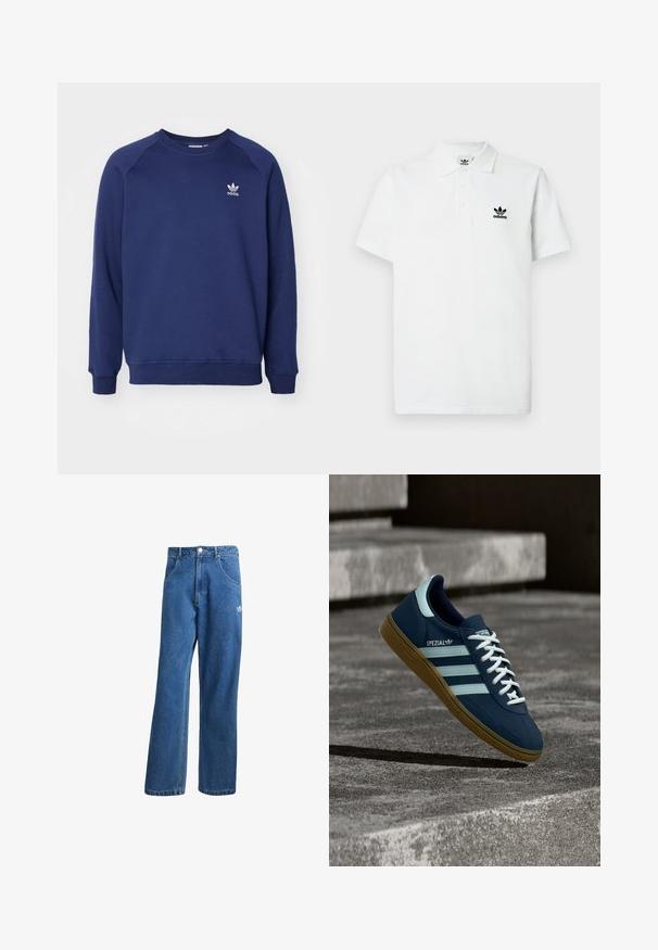 Tumesinine dressipluus pehmest kangast, millel on ümmargune kaelus, raglanvarrukad ja väike valge adidas logo rinnal.; Valge puuvillane polo-särk klassikalise krae, kolme nööbiga lõhikuga ja vasakul rinnal musta Tikandiga Adidas logo. Lühikesed varrukad.; Sinine kõrge vöökohaga avar jakkidega teksapükse, millel on ees taskud, vöökoharingid, nupuga sulgemine ja väike Adidas'i logo paremal reiel.; Sinine Adidas Spezial tennisk, valgete triipude ja paeltega, kummist tallaga, hõljub kareda betoonpinna ja sammude kohal taustal.