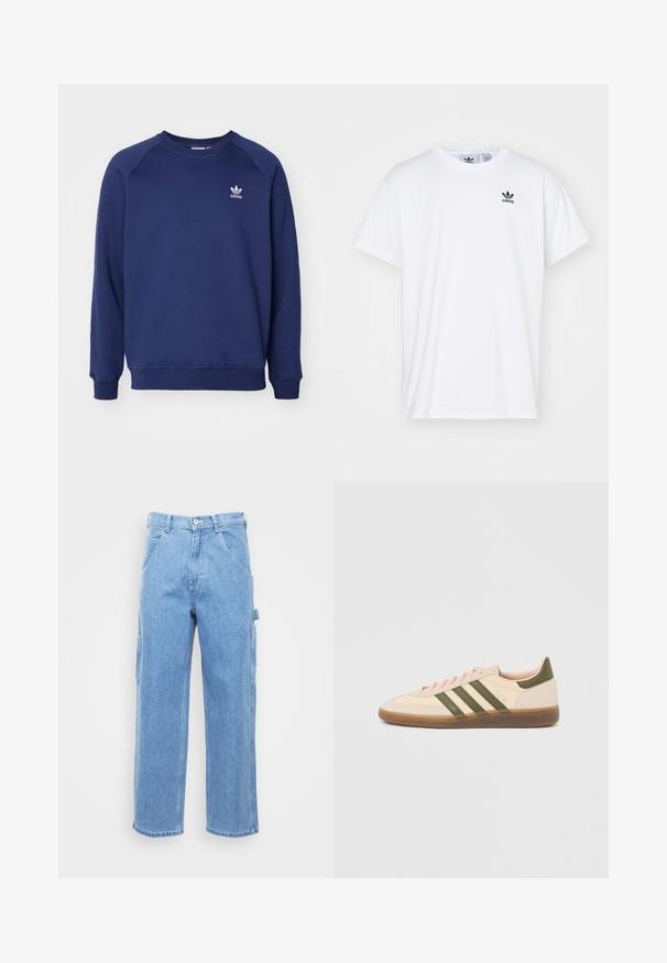 Sudadera de color azul marino hecha de tela suave, con cuello redondo, mangas raglán y un pequeño logo blanco de adidas en el pecho.; Camiseta blanca de algodón con mangas cortas, escote redondo y un logo negro de Adidas con tres franjas en la zona del lado izquierdo del pecho.; Pantalones cargo de denim azul claro con pierna recta, bolsillos frontales y bolsillos laterales. La textura de la tela es suave con un acabado ligeramente desgastado.; Zapatilla Adidas Spezial beige de perfil bajo con rayas verdes, suela de goma y la marca "SPEZIAL" en el lateral, vista desde el lado exterior.