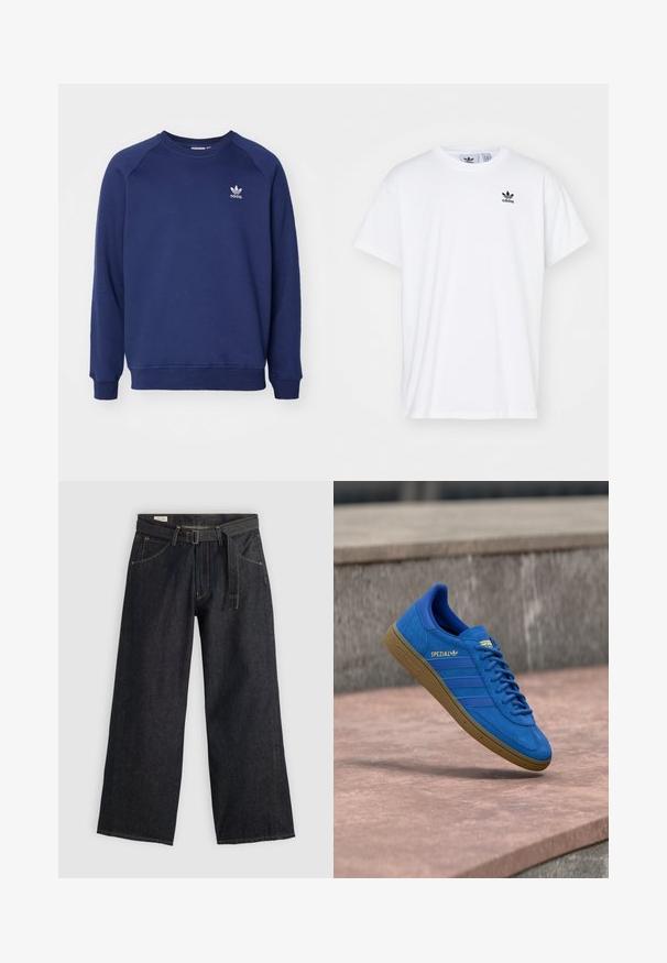Sudadera de color azul marino hecha de tela suave, con cuello redondo, mangas raglán y un pequeño logo blanco de adidas en el pecho.; Camiseta blanca de algodón con mangas cortas, escote redondo y un logo negro de Adidas con tres franjas en la zona del lado izquierdo del pecho.; Pantalones de mezclilla oscuros de pierna ancha con cintura ajustada, que cuentan con bolsillos frontales y costuras en contraste. Textura suave con un diseño limpio.; Zapatilla Adidas Spezial azul con suela de goma, cordones atados, suspendida sobre una superficie de piedra lisa cerca de una pared de hormigón gris.