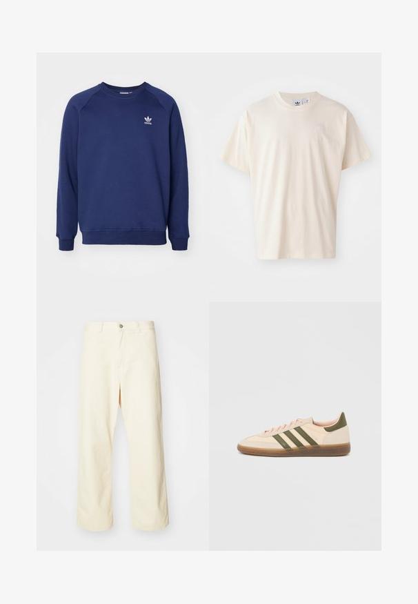 Sudadera de color azul marino hecha de tela suave, con cuello redondo, mangas raglán y un pequeño logo blanco de adidas en el pecho.; Camiseta de algodón color crema con cuello redondo y mangas cortas; presenta un pequeño logo de color claro en el pecho.; Pantalones de pierna ancha color crema hechos de algodón, con cierre de botón, presillas para cinturón y dobladillo cosido. Textura suave, sin patrones visibles.; Zapatilla Adidas Spezial beige de perfil bajo con rayas verdes, suela de goma y la marca "SPEZIAL" en el lateral, vista desde el lado exterior.