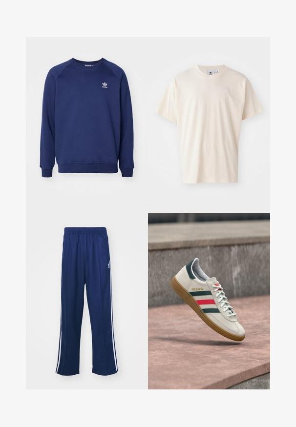 Dunkelblauer Sweatshirt aus weichem Stoff, mit Rundhalsausschnitt, Raglanärmel und kleinem weißen adidas-Logo auf der Brust.; Cremfarbene Baumwoll-T-Shirt mit rundem Halsauschnitt und kurzen Ärmeln; verfügt über ein kleines, helles Logo auf der Brust.; Marineblaue Sporthosen mit einem lockeren Schnitt, ausgestattet mit weißen seitlichen Streifen und einem elastischen Bund. Glattes Material, keine sichtbaren Muster oder Beschläge.; Weißer Adidas Sneaker mit grünen und roten Streifen, Gummisohle und "SPEZIAL"-Branding, der über einem Steinpflaster schwebt.