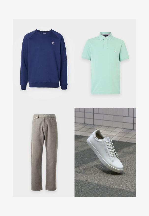 Tummansininen collegepaita, joka on valmistettu pehmeästä kankaasta. Hiihtäjämallinen kaula-aukko, raglan-hihat ja pieni valkoinen adidas-logo rinnassa.; Vaalean mintunvihreä puuvillainen poolopaita, jossa klassinen kaulus, kaksi nappia nappilistassa ja pieni logo vasemmassa rinnassa.; Harmaat corduroy-housut suoraan lahkeilla, joissa on korkea vyötärö, etutaskut ja hillitty pystyribbitekstuuri.; Valkoiset lenkkarit, jotka on valmistettu teksturoitusta nahasta, varustettu nauhakiinnityksellä, tukevalla kumipohjalla ja minimalistisella muotoilulla, jossa on vahvistettu varvas.