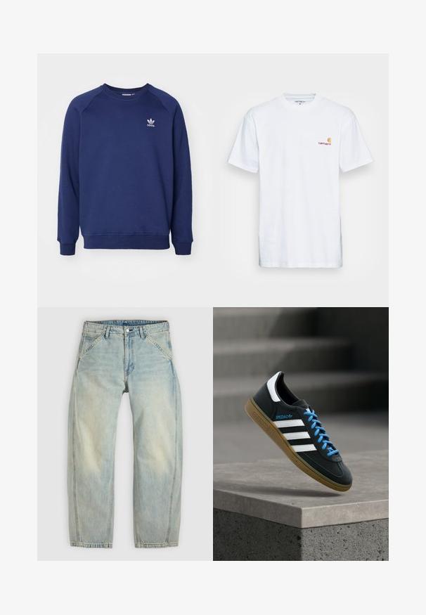 Tmavomodrá mikina vyrobená z mäkkého materiálu, s klasickým okrúhlym výstrihom, raglánovými rukávmi a malým bielym logom adidas na hrudi.; Biala bavlnená tričko s krátkymi rukávmi. Navrhnuté s malým oranžovým a vínovým logom na ľavej strane hrude. Obsahuje klasický crew neck.; Svetlomodré džínsy s širokými nohavicami vyrobené z denimu. Majú päť vreciek, zapínanie na gombík a vyblednuté miesta pre ošúchaný vzhľad.; Čierna teniska Adidas s bielymi pruhmi, modrými šnúrkami a gumovou podrážkou, ktorá sa vznáša nad sivým betónovým schodom v mäkkom svetle.