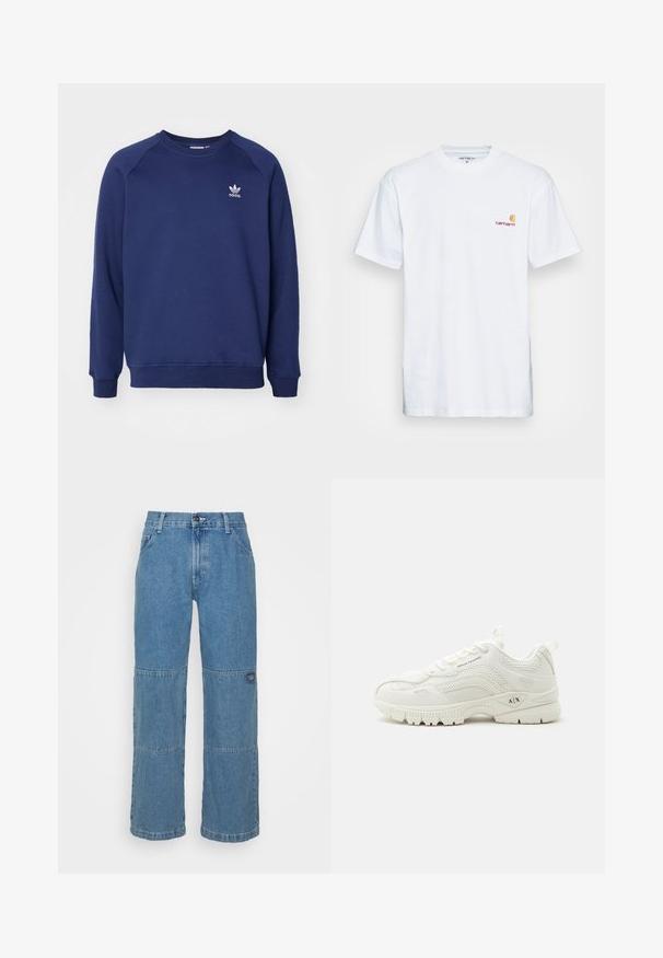 Tumesinine dressipluus pehmest kangast, millel on ümmargune kaelus, raglanvarrukad ja väike valge adidas logo rinnal.; Valge puuvillane T-särk lühikeste varrukatega. Disainitud väikese oranži ja marooni logoga vasakul rinnal. Omab klassikalist ümarat kaelust.; Heledsinine teksapüksid, millel on mugav lõige, omaduseks on lapitööd, ülemine nupuvajutus, viis taskut ja peen bränding säärel.; Valge Armani Exchange toss võrgust ja nahast detailidega, esikinnisega, kaubamärgiga "A|X" tallal ja külgpaneelil, madala profileeritud sportlik disain.