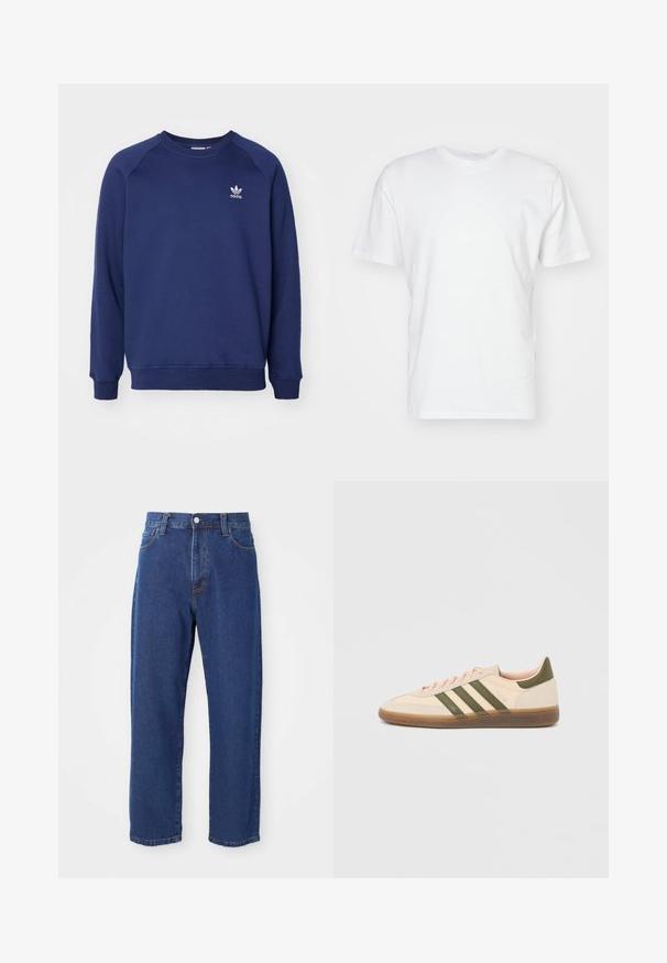 Tmavomodrá mikina vyrobená z mäkkého materiálu, s klasickým okrúhlym výstrihom, raglánovými rukávmi a malým bielym logom adidas na hrudi.; Biela bavlnená tričko s krátkymi rukávmi, okrúhlym výstrihom a hladkou textúrou. Jednoduchý dizajn bez vzorov alebo grafiky.; Džínsy s vysokým pásom modrej farby vyrobené z denimu, so siluetou rovného strihu, viditeľným šitím a predným zapínaním na gombík.; Nízky béžový tenisky Adidas Spezial so zelenými pruhmi, gumovou podrážkou a nápisom „SPEZIAL“ na boku, zobrazené z vonkajšej strany.