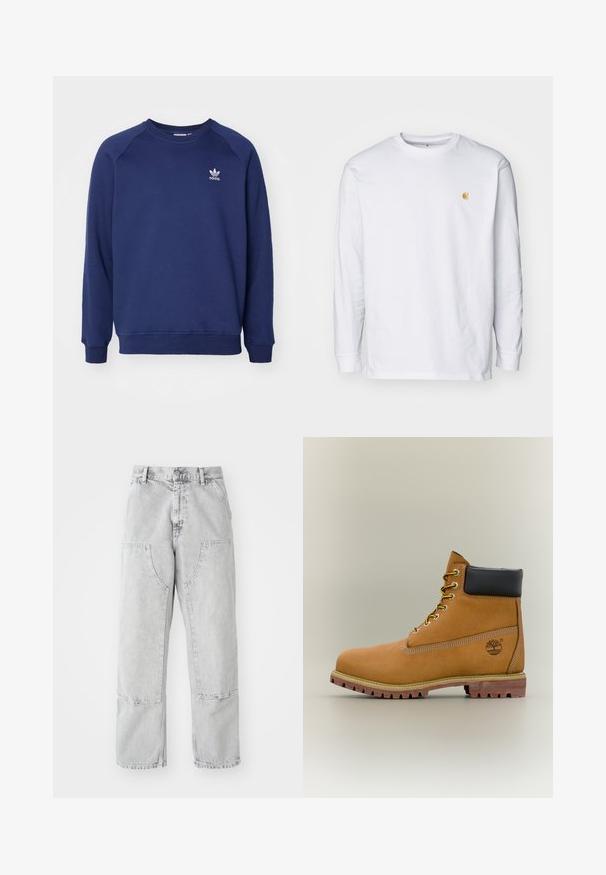 Tmavomodrá mikina vyrobená z mäkkého materiálu, s klasickým okrúhlym výstrihom, raglánovými rukávmi a malým bielym logom adidas na hrudi.; Biely tričko s dlhým rukávom z bavlny. Na hrudi má malé zlaté logo a okrúhly výstrih. Jednoduchý dizajn a štandardný strih.; Svetlosivé džínsy s voľným strihom, ktoré majú veľké bočné vrecká, viditeľné švy a rovný strih nohy. Pás s pútkami na opasok.; Hnedá kožená členková členková obuv s čiernym golierom, žltými šnúrkami a béžovou podrážkou. Má logo a biele prešívanie. Hrubá podrážka s dobrým záberom.