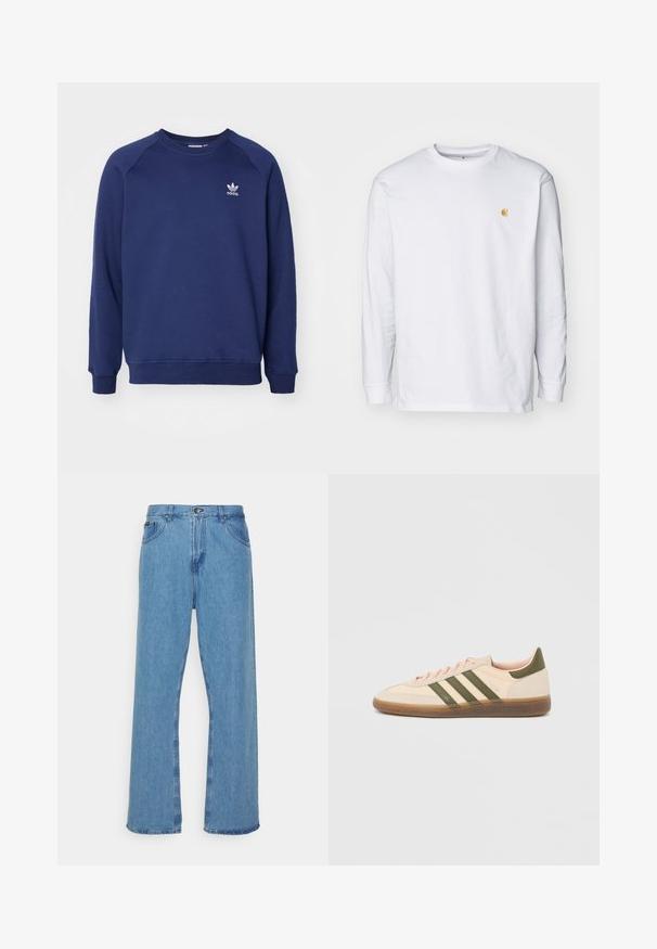 Sudadera de color azul marino hecha de tela suave, con cuello redondo, mangas raglán y un pequeño logo blanco de adidas en el pecho.; Camiseta de manga larga blanca de algodón. Cuenta con un pequeño logo dorado en el pecho y un cuello redondo. Diseño simple y corte estándar.; Vaqueros anchos de mezclilla azul claro con una cintura alta, que cuentan con un cierre de botón y cremallera, cinco bolsillos y dobladillos deshilachados.; Zapatilla Adidas Spezial beige de perfil bajo con rayas verdes, suela de goma y la marca "SPEZIAL" en el lateral, vista desde el lado exterior.