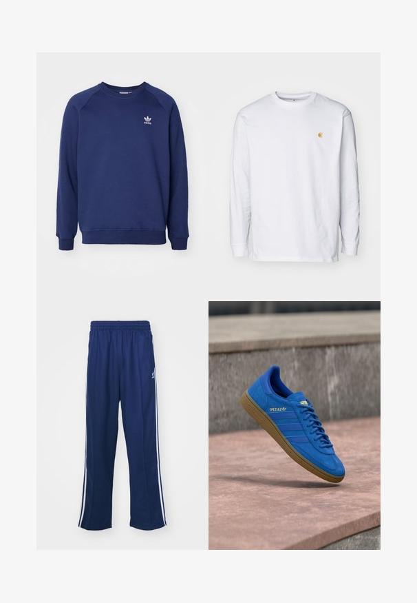 Tmavomodrá mikina vyrobená z mäkkého materiálu, s klasickým okrúhlym výstrihom, raglánovými rukávmi a malým bielym logom adidas na hrudi.; Biely tričko s dlhým rukávom z bavlny. Na hrudi má malé zlaté logo a okrúhly výstrih. Jednoduchý dizajn a štandardný strih.; Námornícke modré športové nohavice s voľným strihom, s bielymi bočnými pruhmi a elastickým pásom. Hladká tkanina, žiadne viditeľné vzory ani kovanie.; Modrá teniska Adidas Spezial s gumovou podrážkou, šnúrky zviazané, zavesená nad hladkým kamenným povrchom blízko sivej betónovej steny.